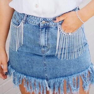 Fringe Denim Skirt with Rhinestone Details